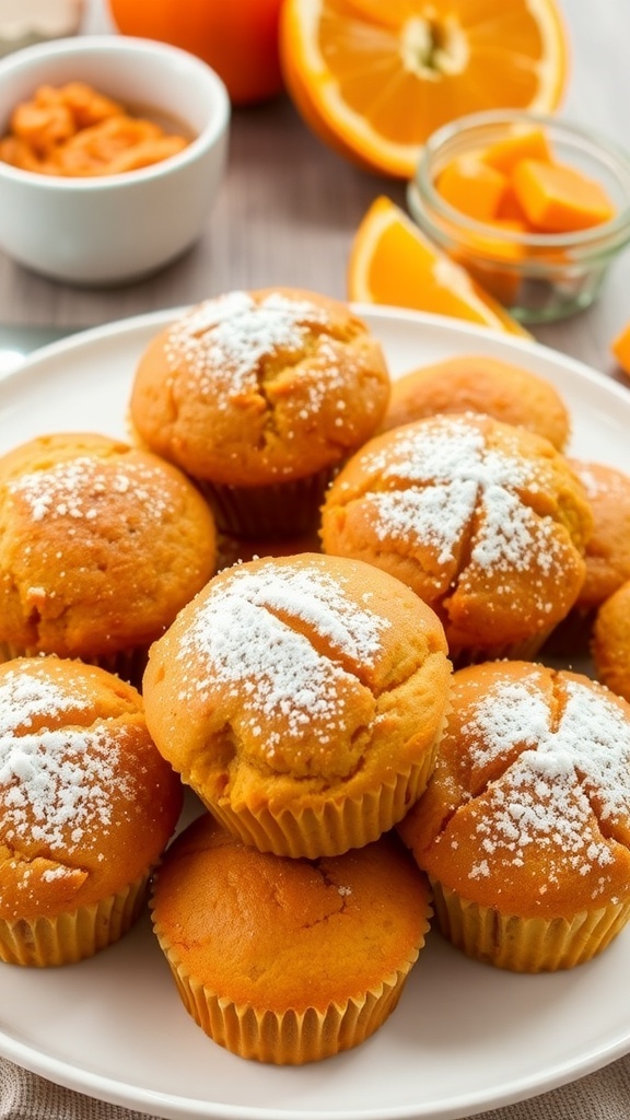 Freshly baked pumpkin orange muffins on a plate, garnished with powdered sugar and surrounded by orange slices.